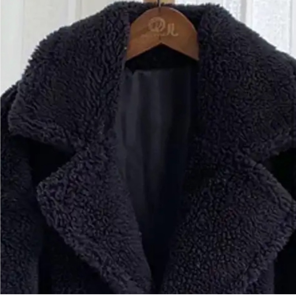 52 Black Sherpa Long Pocket Lined Cozy Chic Warm Thick Plush Teddy Faux Fur Coat - Picture 6 of 7